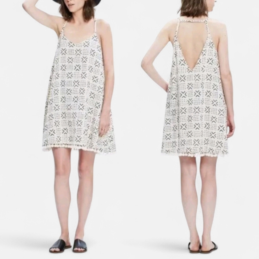 Madewell Shaka Tassel Trim Mini Dress Geometric Strappy Black & White Cotton XS